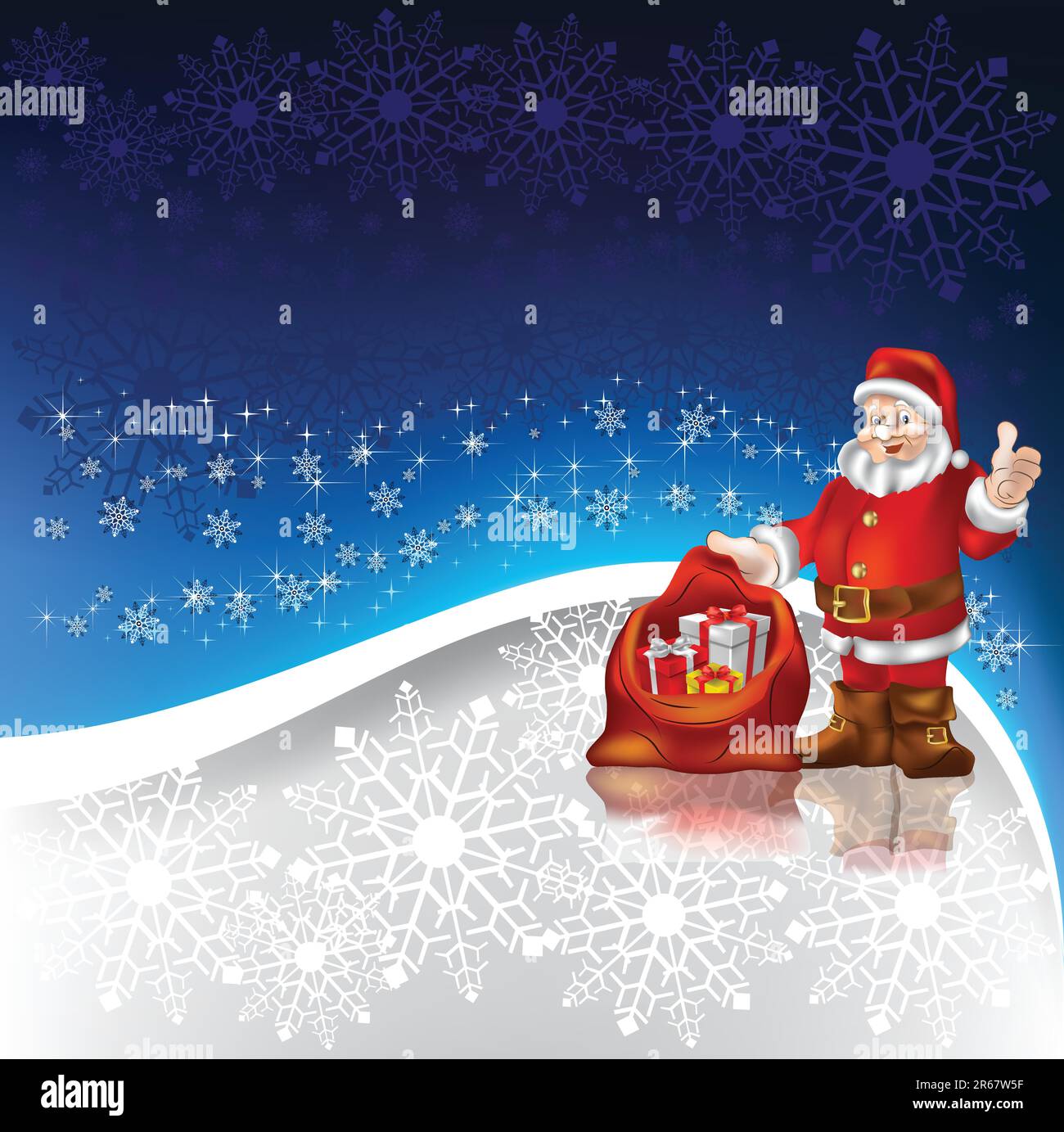 Santa Claus with christmas gifts on a snowflakes background Stock ...