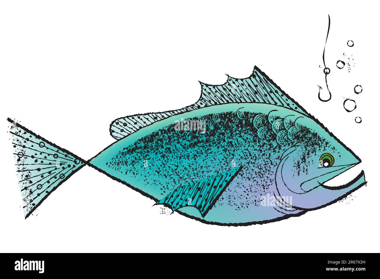 Vintage 1950s etched-style fish; detailed black and white from authentic hand-drawn scratchboard includes full colorization. Stock Vector