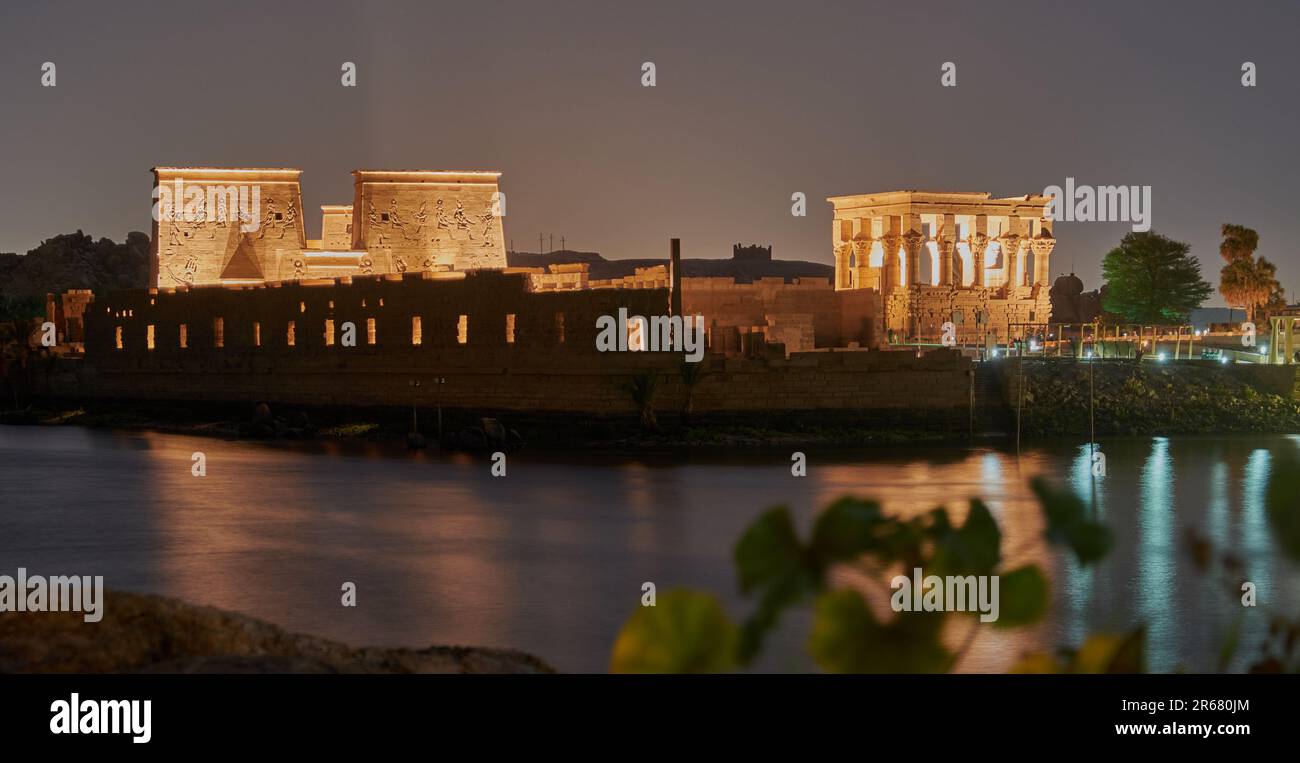 Philae temple complex ,an island-based temple complex in the reservoir of the Aswan Low Dam, downstream of the Aswan Dam and Lake Nasser, Egypt. Stock Photo