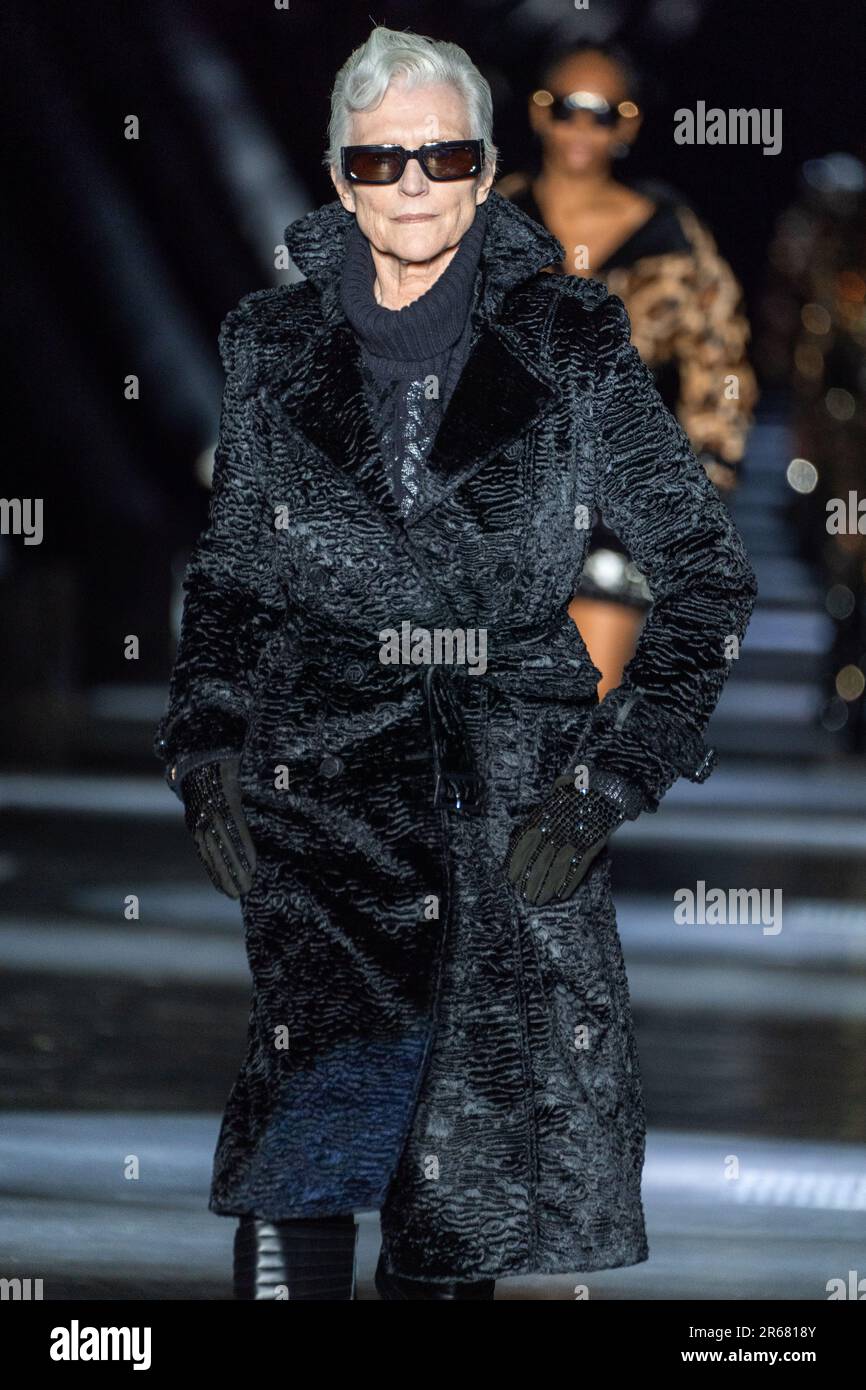 MILAN, ITALY - FEBRUARY 25: Maye Musk walks the runway at the Philipp Plein fashion show during the Milan Fashion Week Womenswear Fall/Winter 2023/202 Stock Photo