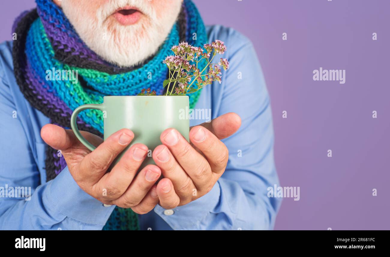 Man hands with medicinal tea. Mug with herbal tea in man hands. Wild