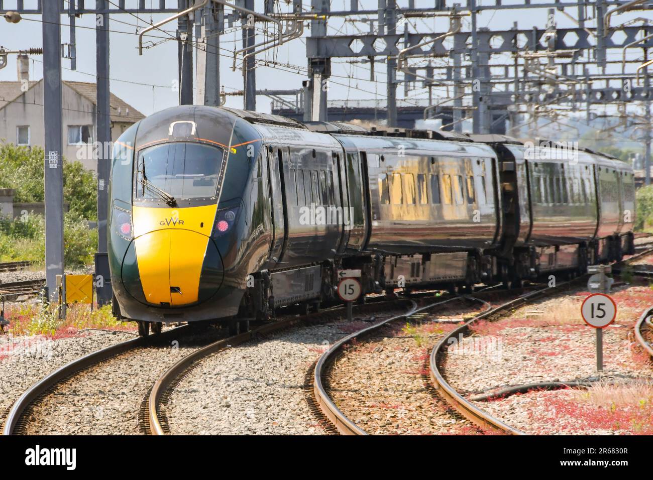 Cardiff, Wales - June 2023: High speed train operated by Great Western Railway leaving Cardiff Central railway station Stock Photo