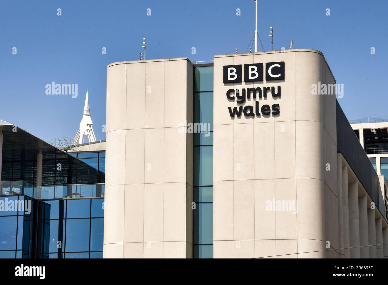 Cardiff, Wales - June 2023: Sign on top of the BBC Wales television studios building in the city centre Stock Photo