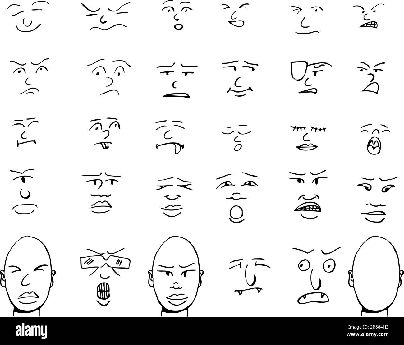 Set of human and fantasy faces and matching heads with various expressions. Stock Vector