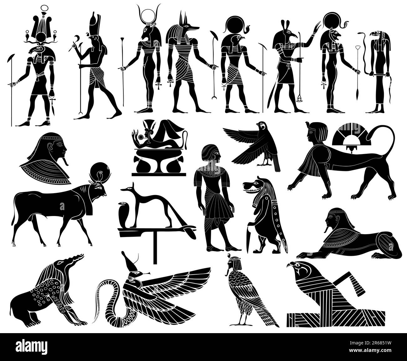 Vector - various themes of ancient Egypt:   Illustration of the gods and goddess of ancient Egypt - Ra, Anubis, Bastet, Hathor, Khensu, Hathor, Hor... Stock Vector