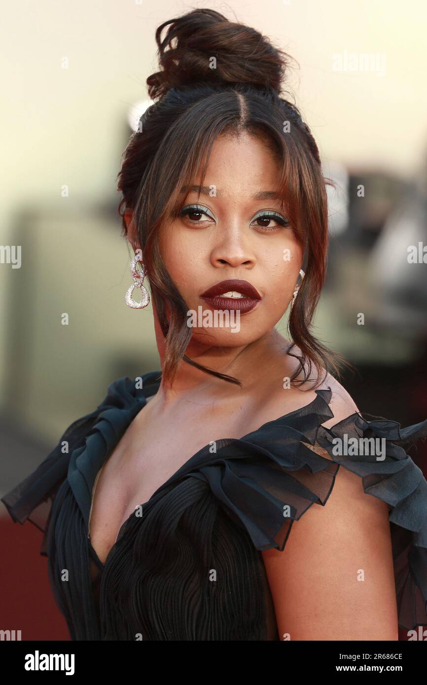 Dominique Fishback attends the 'Transformers: Rise Of The Beasts' European Premiere at Cineworld Leicester Square on June 07, 2023 in London, England Stock Photo