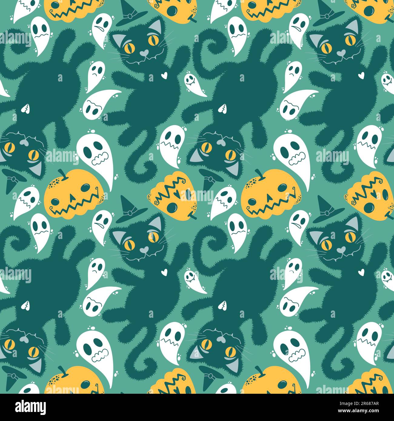Halloween cartoon black cats seamless animals fluffy monsters pattern ...