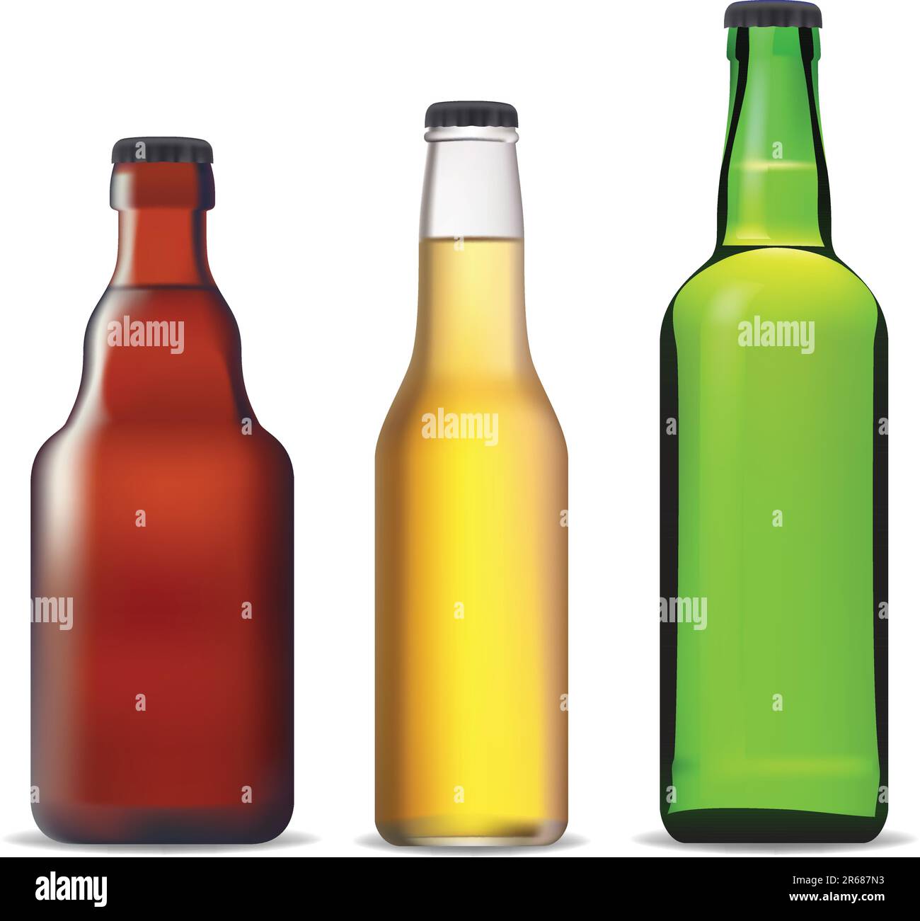 Three photo-realistic beer bottles. Vector illustration. Stock Vector