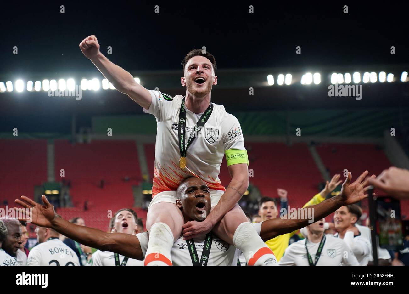 West Ham United's Declan Rice celebrates his sides victory with Angelo ...
