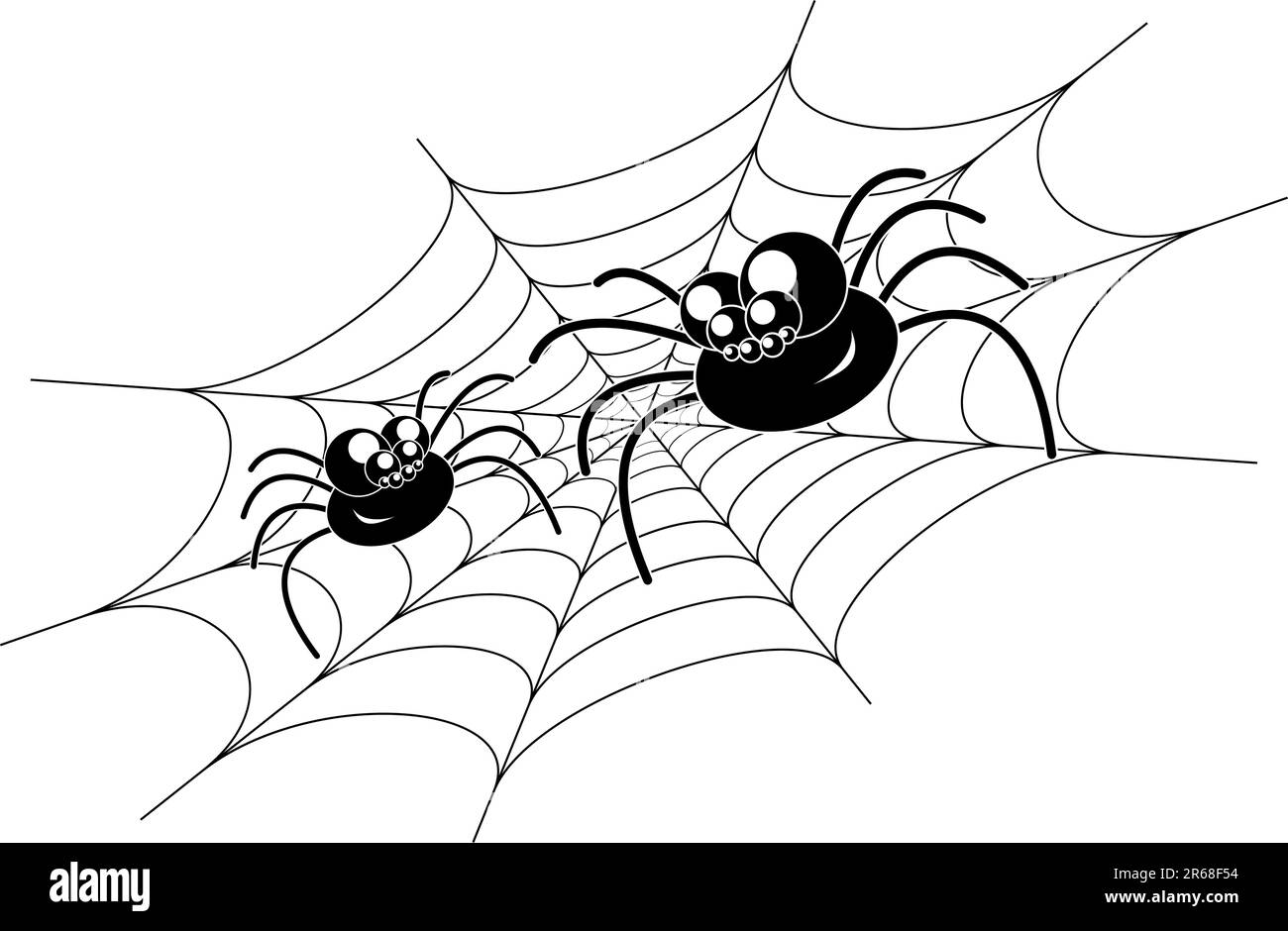 Two amusing black spiders on web. Isolated on white background. Vector. Stock Vector