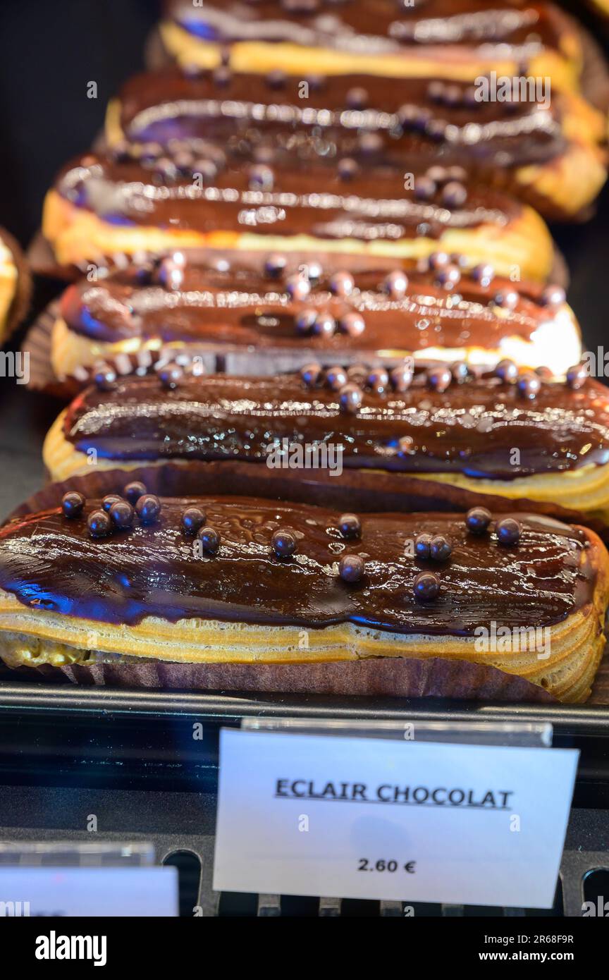 Assortment of french fresh baked sweet pastry with chocolate in