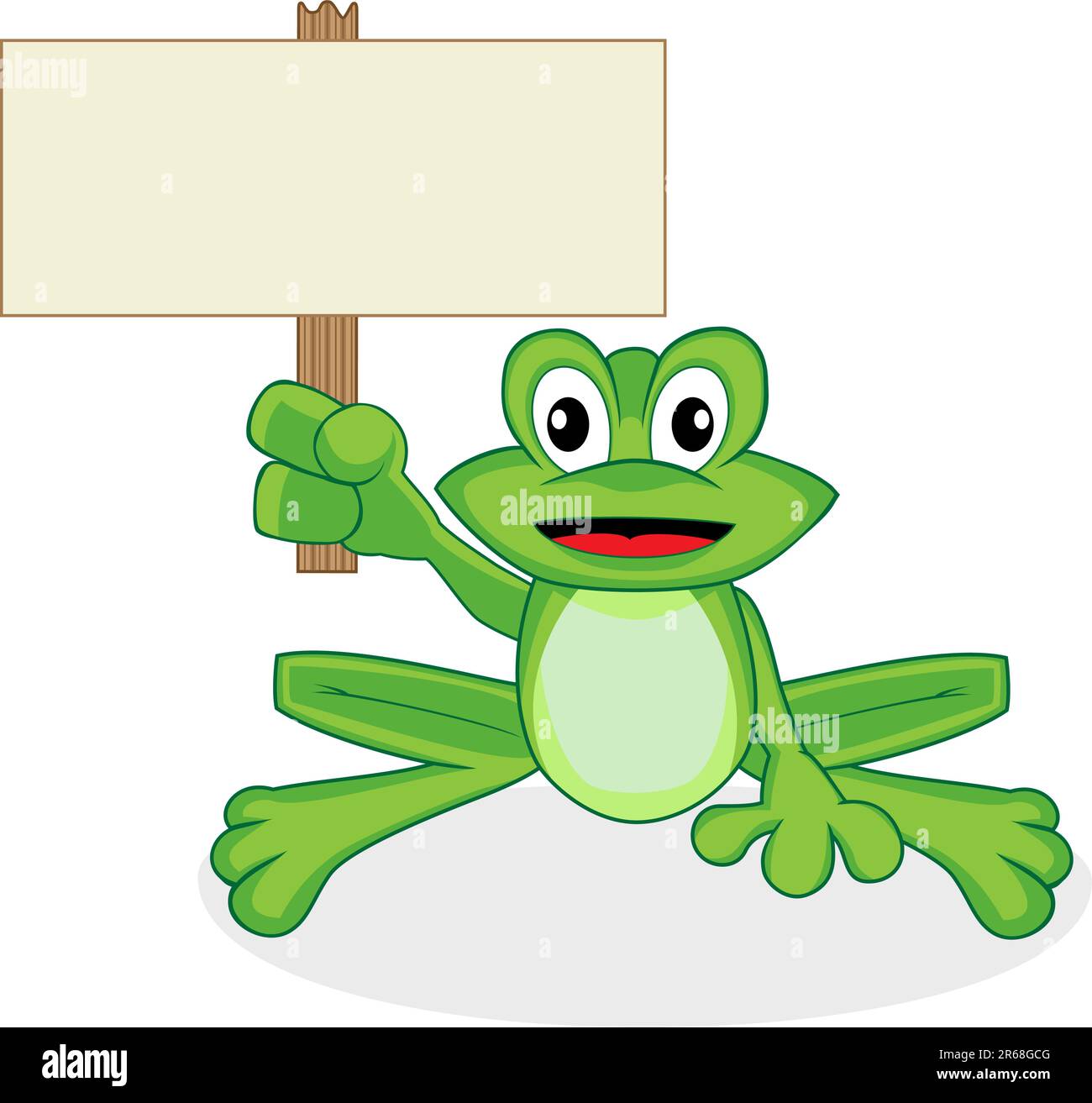 Vector illustration of a cute happy looking tiny green frog with big eyes. No gradient. Place your text in the empty sign. Stock Vector