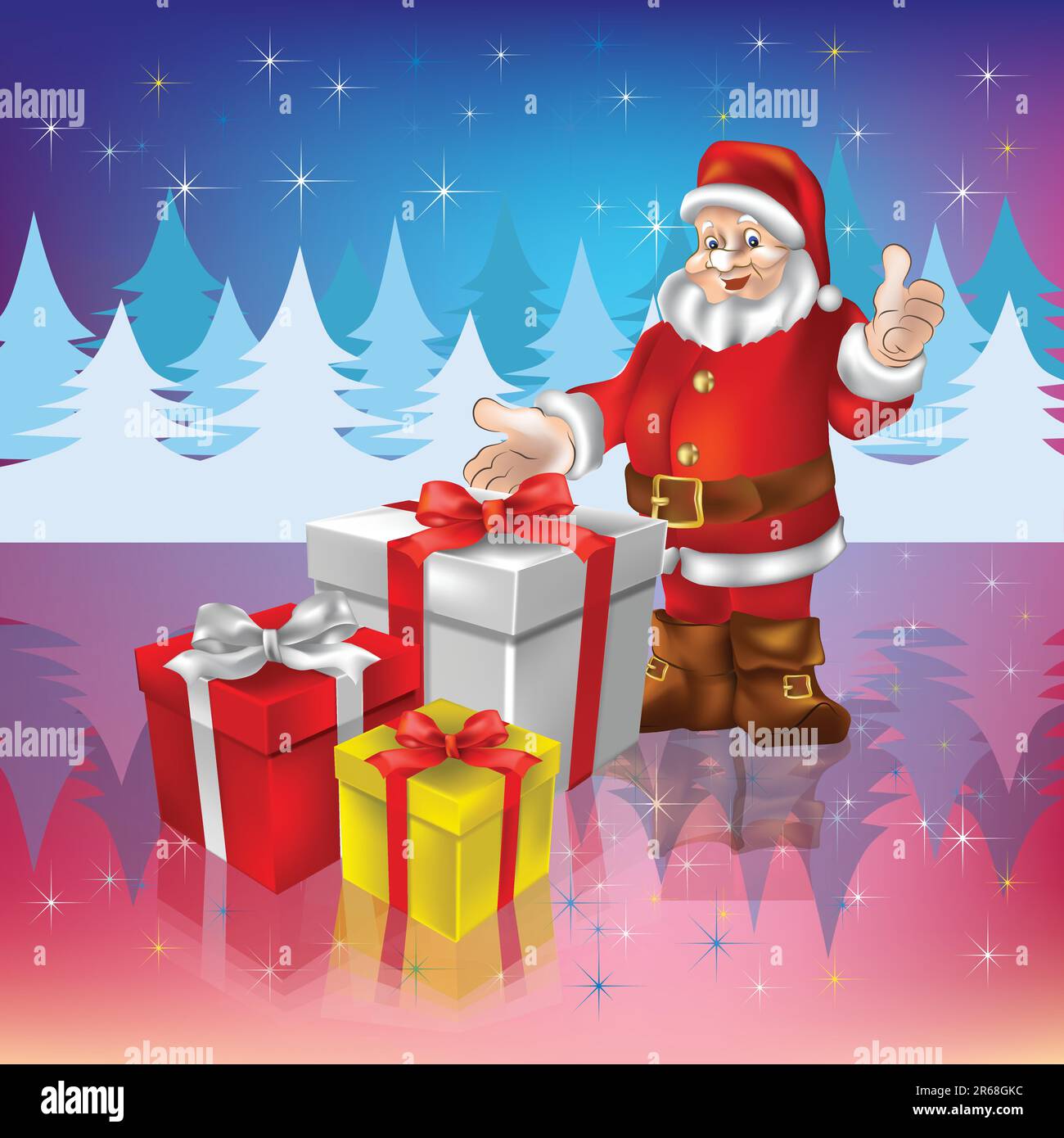 Santa Claus with christmas gifts on a woods background Stock Vector