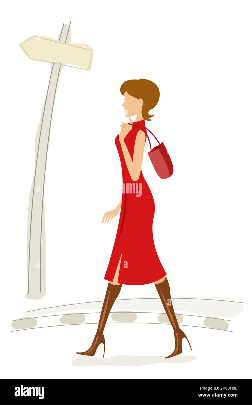 illustration of fashionable lady walking in street.. Stock Vector