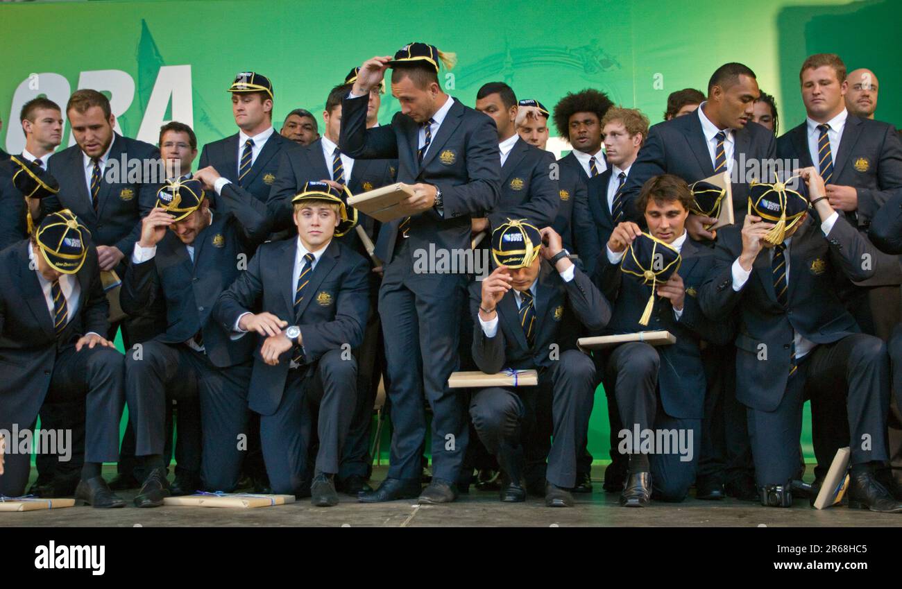 Players get ready for the team photograph at Australia's Rugby World Cup Team official welcome, Aotea Square, Auckland, New Zealand, Tuesday, September 06, 2011. Stock Photo