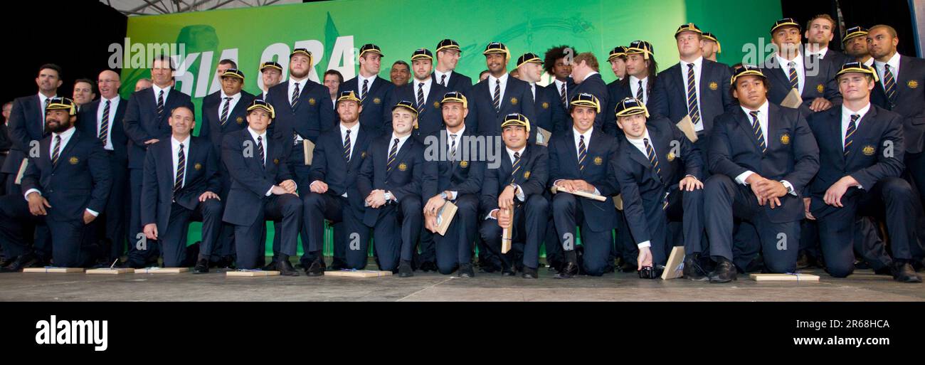 Players line up for the team photograph at Australia's Rugby World Cup Team official welcome, Aotea Square, Auckland, New Zealand, Tuesday, September 06, 2011. Stock Photo