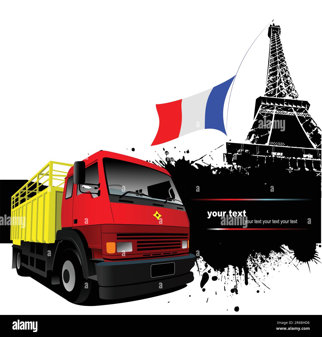 Cover for brochure with Paris image,  France flag and red-yellow truck. Vector Stock Vector