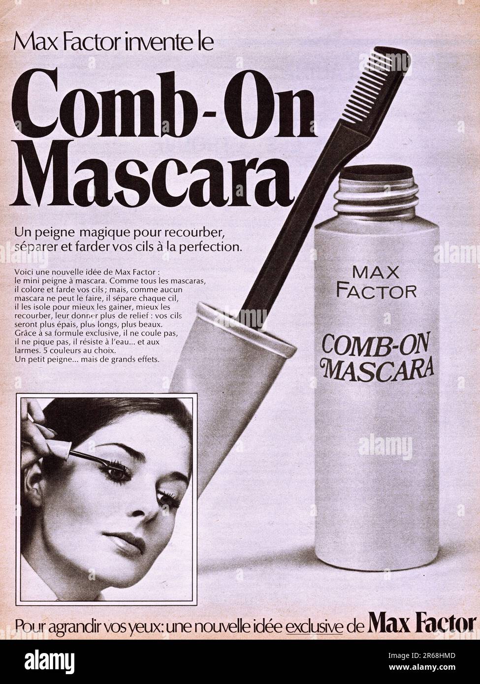 Max Factor Comb-on mascara publicite Max Factor comb-on mascara vintage magazine advertisement Max Factor advertisement Stock Photo