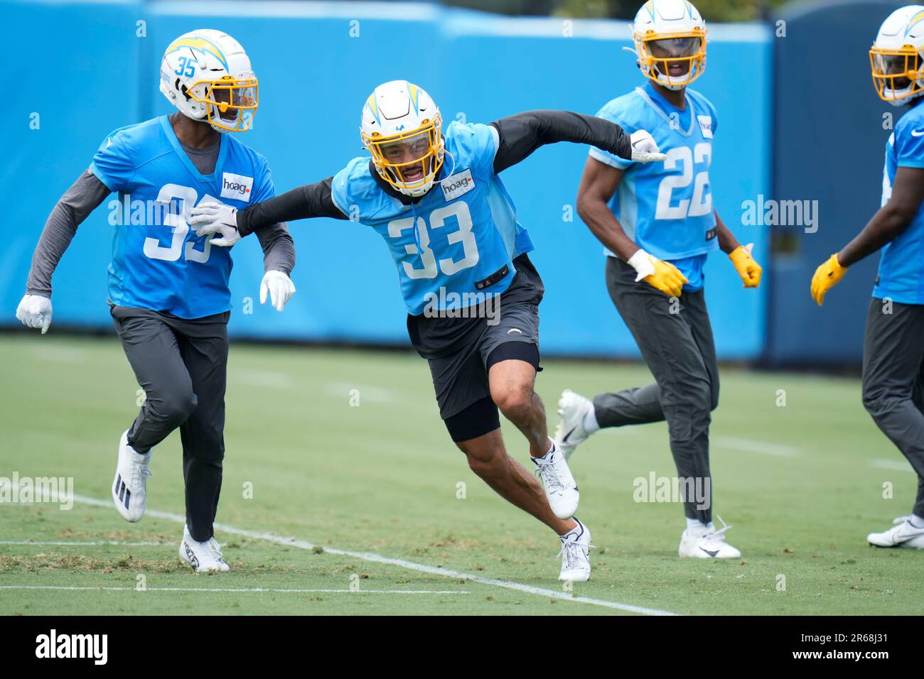 Los Angeles Chargers cornerback Deane Leonard (33) runs a drill during the  NFL football team's camp Wednesday, June 7, 2023, in Costa Mesa, Calif. (AP  Photo/Jae C. Hong Stock Photo - Alamy