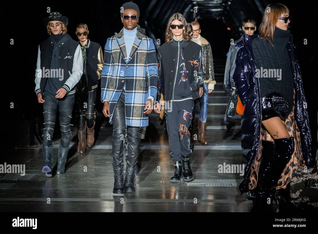 MILAN, ITALY - FEBRUARY 25: Models walk the runway finale at the Philipp Plein fashion show during the Milan Fashion Week Womenswear Fall/Winter 2023/ Stock Photo