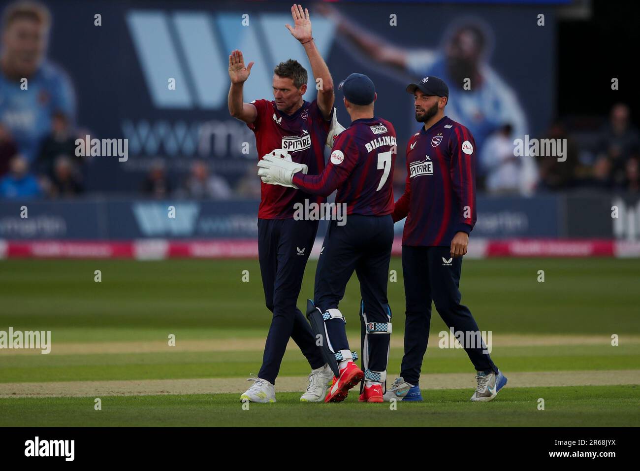 Michael Hogan Kent cricket bowler celebrates a wicket during the Vitality T20 Blast match between Kent County Cricket Club and Essex at the St Lawrence Ground, Canterbury on Wednesday 7th June 2023. (Photo: Tom West | MI News) Credit: MI News & Sport /Alamy Live News Stock Photo