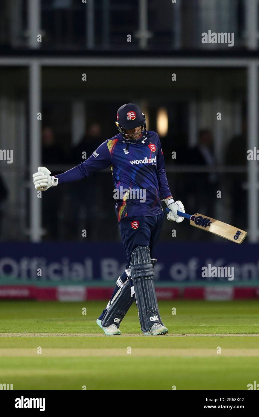 Matt Critchley Essex cricket all-rounder celebrates victory during the Vitality T20 Blast match between Kent County Cricket Club and Essex at the St Lawrence Ground, Canterbury on Wednesday 7th June 2023. (Photo: Tom West | MI News) Credit: MI News & Sport /Alamy Live News Stock Photo