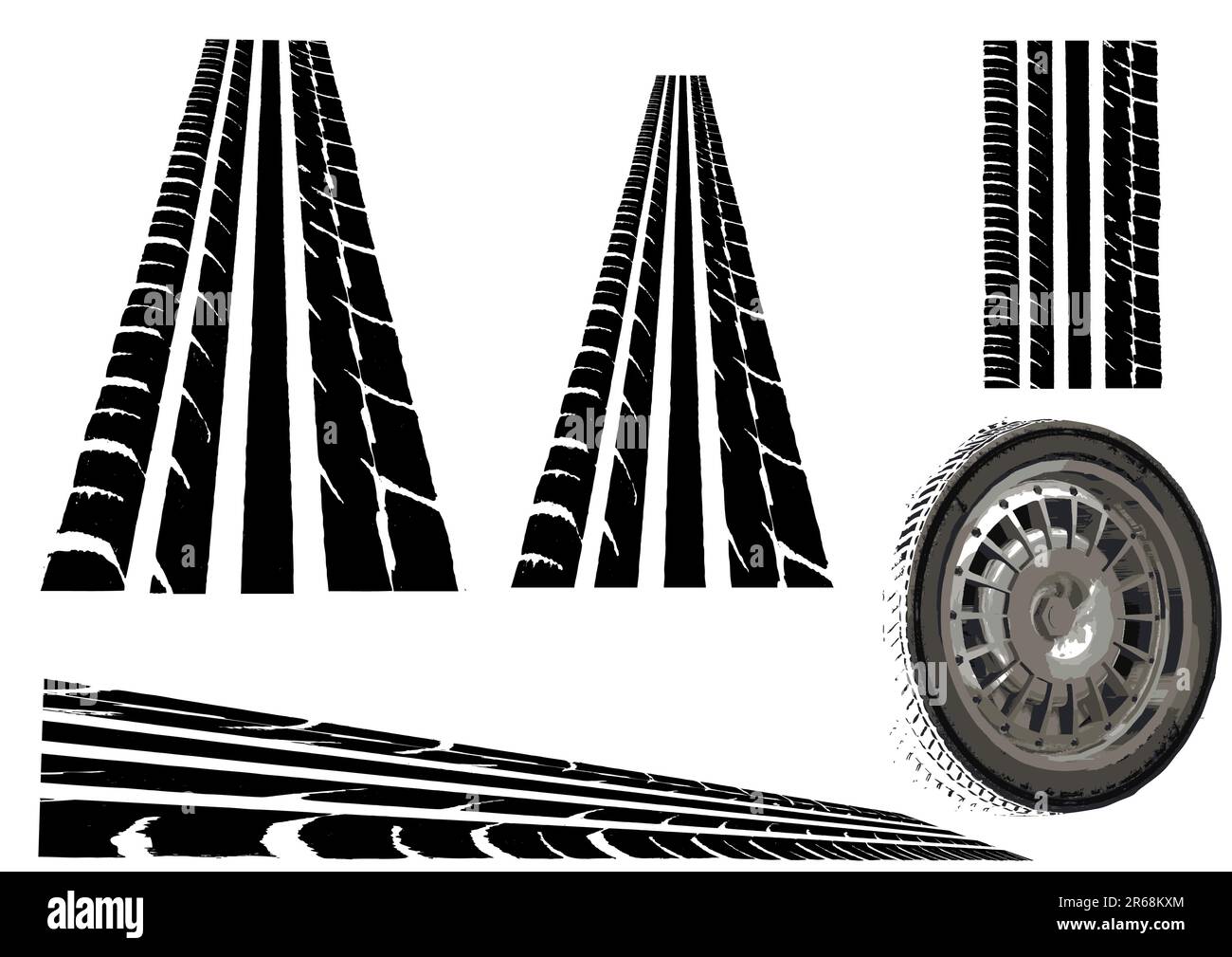 Car tyre and  Trye Tracks (Main Vector tesalates so you can create your own roads) Stock Vector