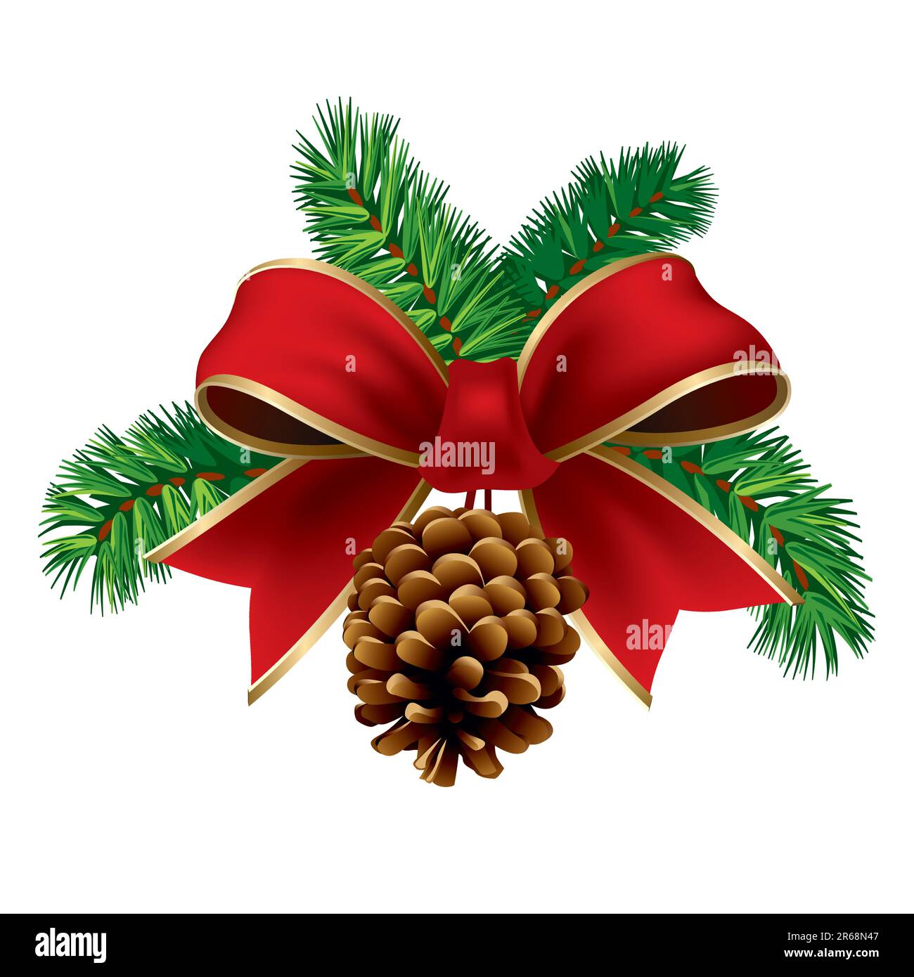 Christmas pine twigs with red ribbon and pine cone. Vector Illustration