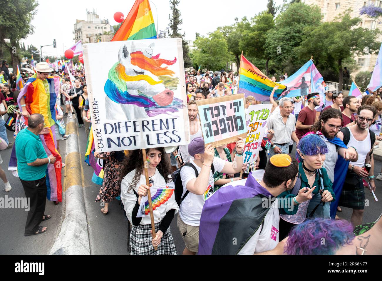 Jerusalem’s pride parade participant carry a sign with a rainbow unicorn. Thousands of people marched in the annual Jerusalem’s Pride parade. Stock Photo