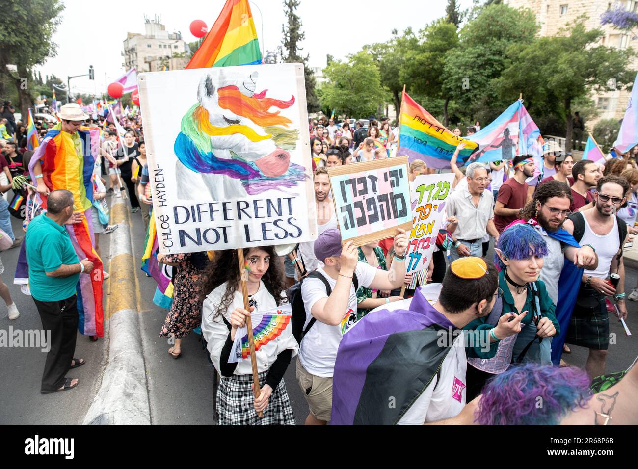 Jerusalem, Israel. 1st June, 2023. Jerusalem's pride parade participant carry a sign with a rainbow unicorn. Thousands of people marched in the annual Jerusalem's Pride parade. (Credit Image: © Matan Golan/SOPA Images via ZUMA Press Wire) EDITORIAL USAGE ONLY! Not for Commercial USAGE! Stock Photo