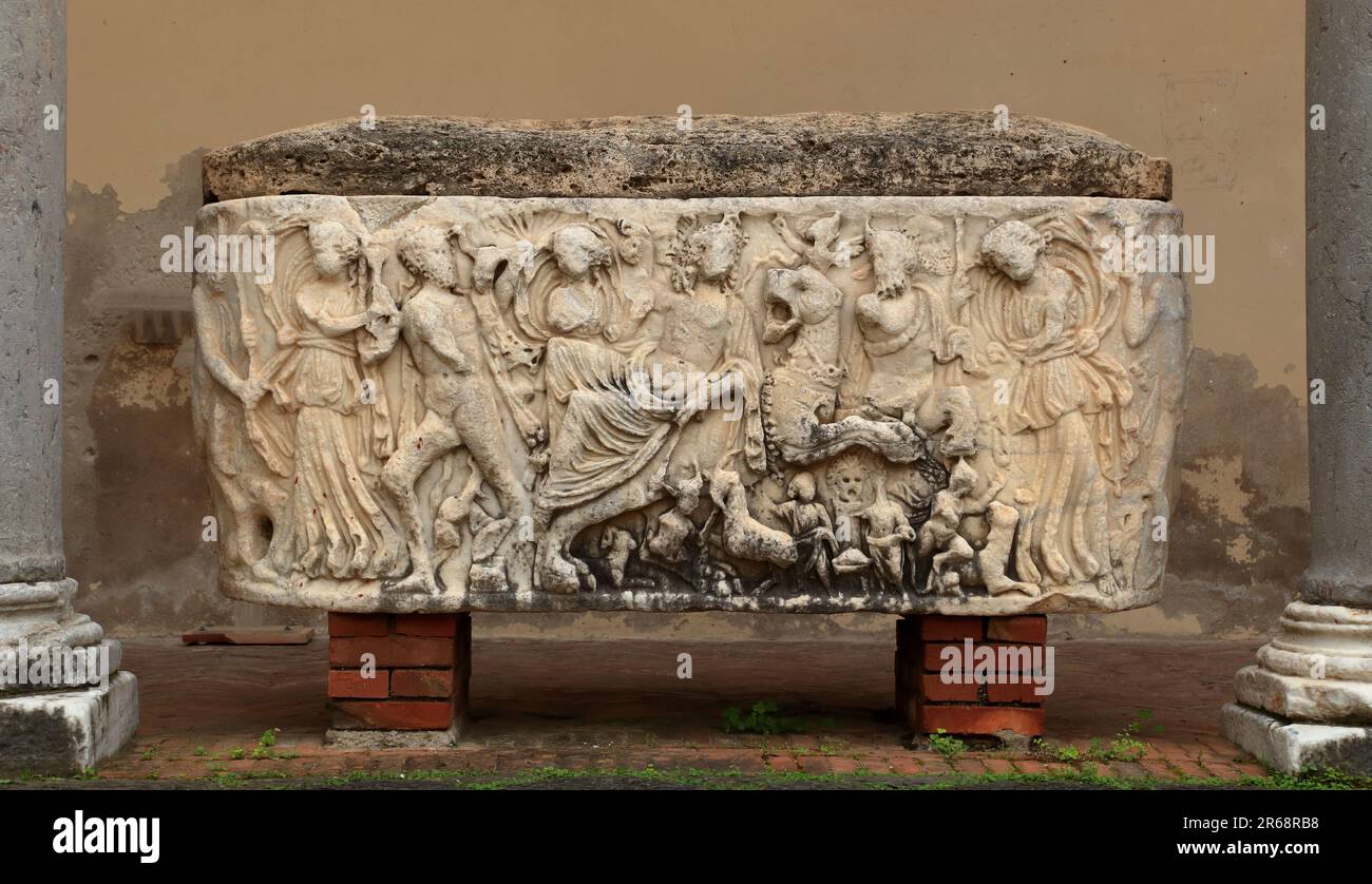 Roman sarcophagus with Dionysus on his panther, Salerno Cathedral, Italy. Duomo di Salerno Stock Photo