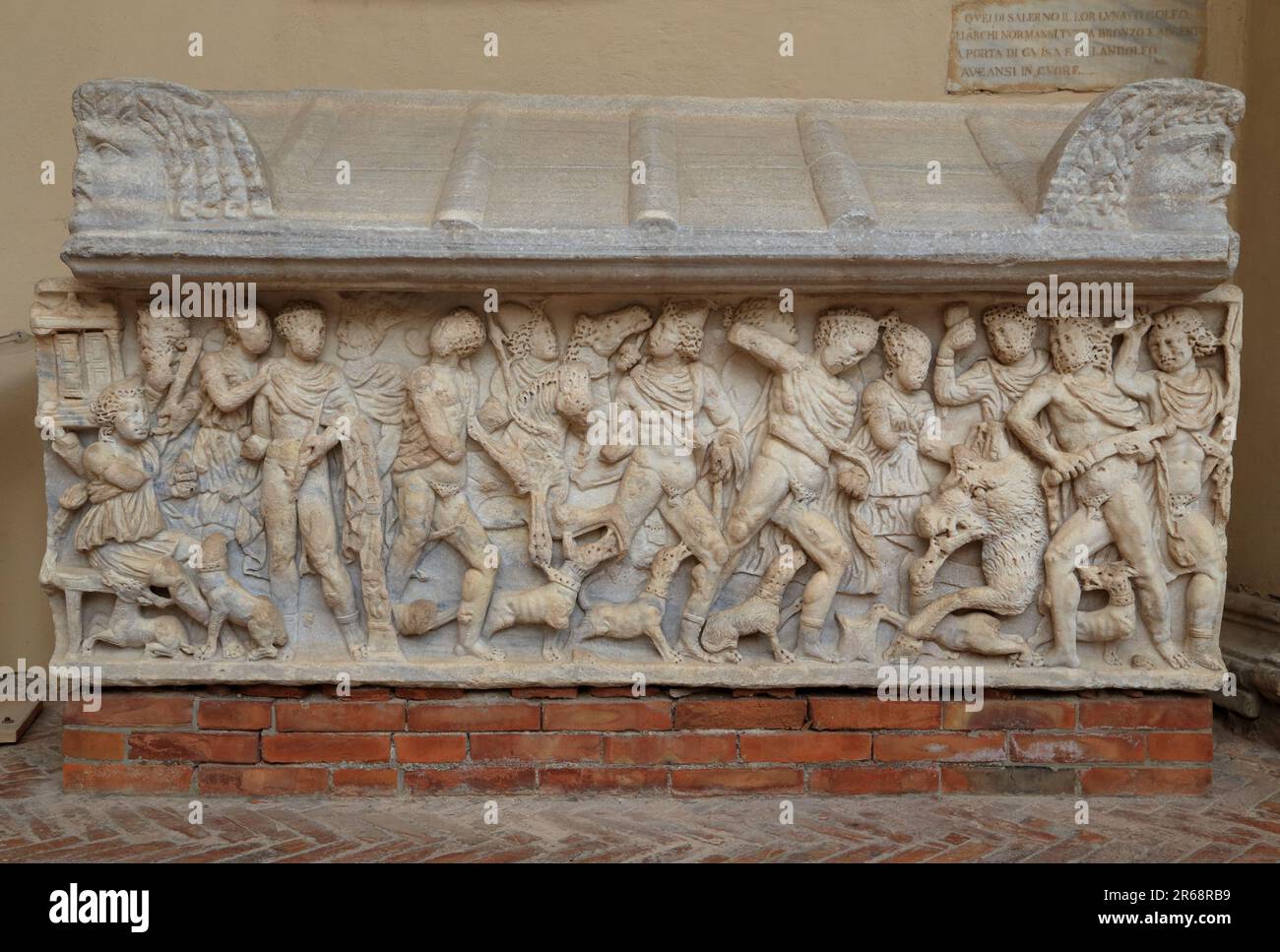 Roman sarcophagus with the Calydonian boar hunt, Salerno Cathedral, Italy. Duomo di Salerno Stock Photo