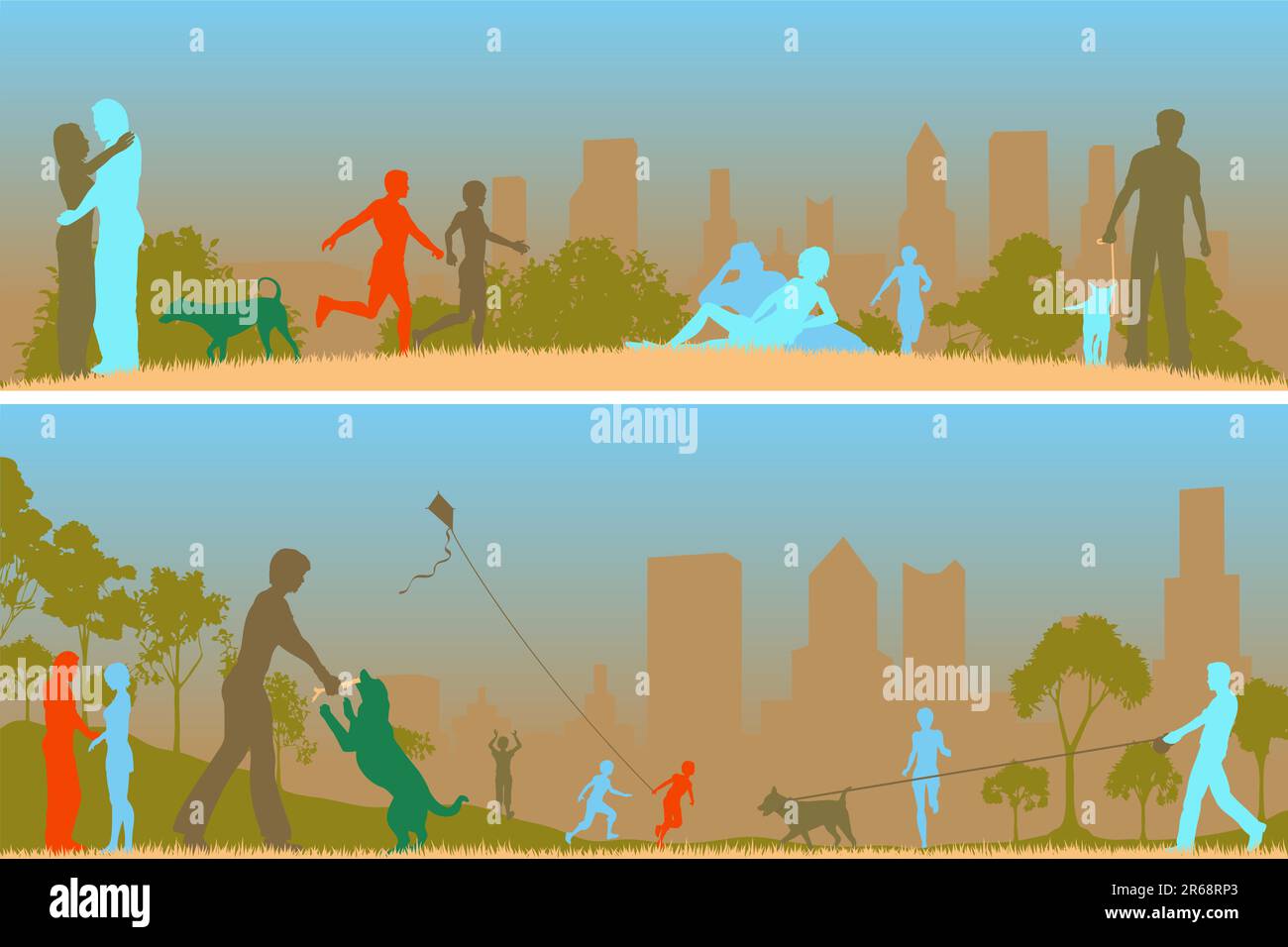 Two editable vector designs of people in a city park Stock Vector