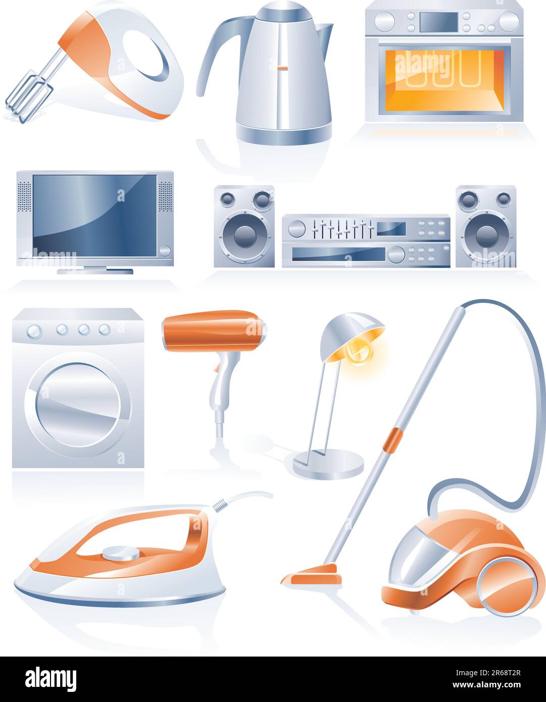 Set of household appliances in orange and blue colors Stock Vector