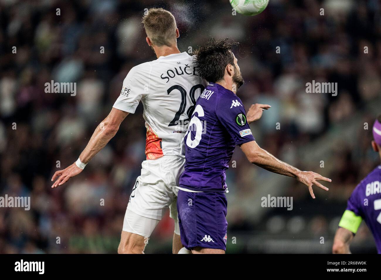 Prague, Czech Republic. 07th June, 2023. Tomas Soucek (28) of West Ham United and Luca Ranieri (16) of Fiorentina seen during the UEFA Europa Conference League final between Fiorentina v West Ham United at Eden Arena in Prague. Credit: Gonzales Photo/Alamy Live News Stock Photo