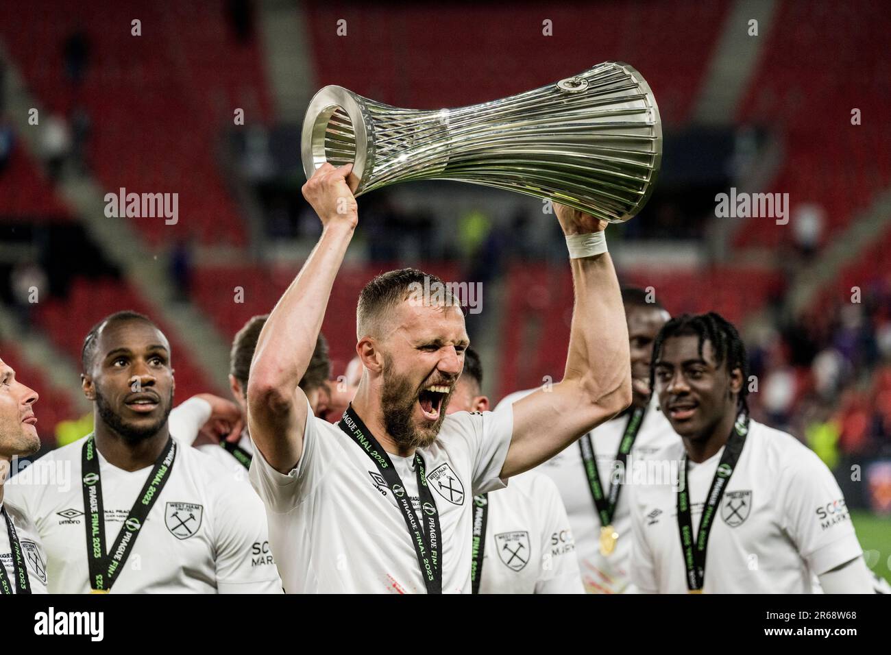 Prague, Czech Republic. 07th June, 2023. Tomas Soucek of West Ham United seen in celebrating with the trophy after winning the UEFA Europa Conference League final between Fiorentina v West Ham United at Eden Arena in Prague. Credit: Gonzales Photo/Alamy Live News Stock Photo