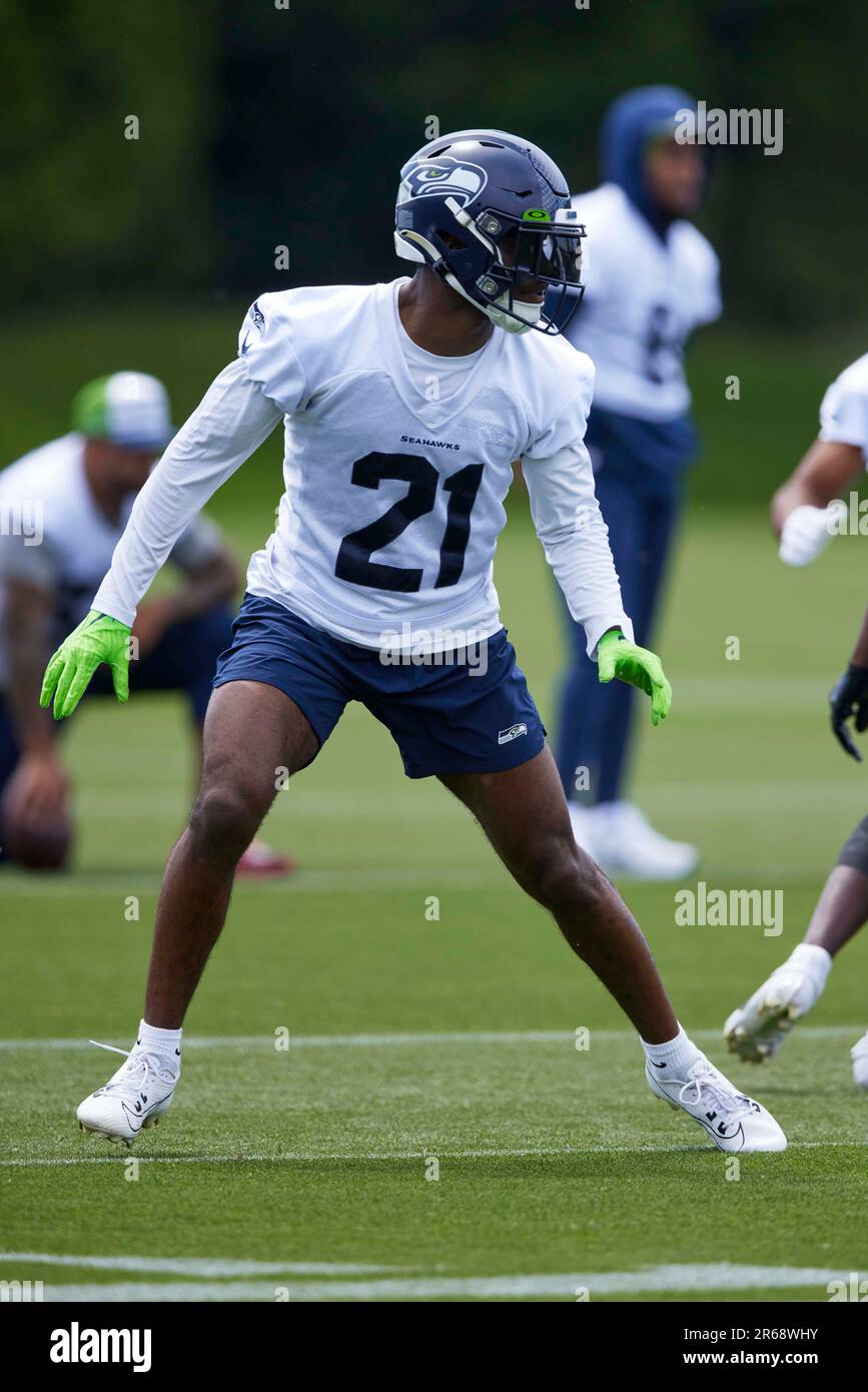 Seattle Seahawks cornerback Devon Witherspoon (21) talks with cornerback  Lance Boykin (29) during the NFL football team's rookie minicamp, Friday,  May 12, 2023, in Renton, Wash. (AP Photo/Lindsey Wasson Stock Photo - Alamy