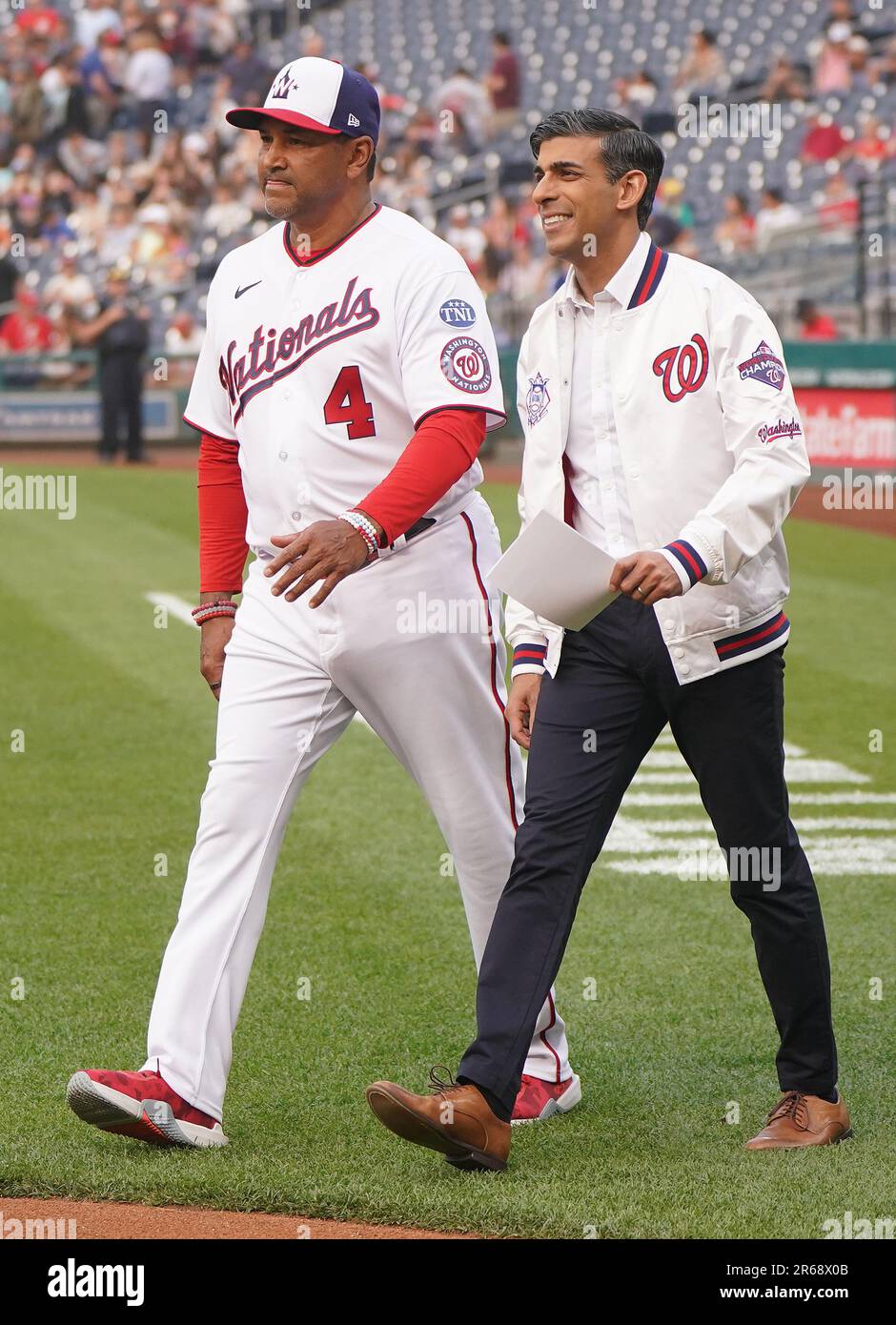 Prime Minister Rishi Sunak poses with Washington Nationals mascot Screech,  as he attends the Washington Nationals v Arizona Diamondbacks baseball at  Nationals Park during his visit to Washington DC in the US.