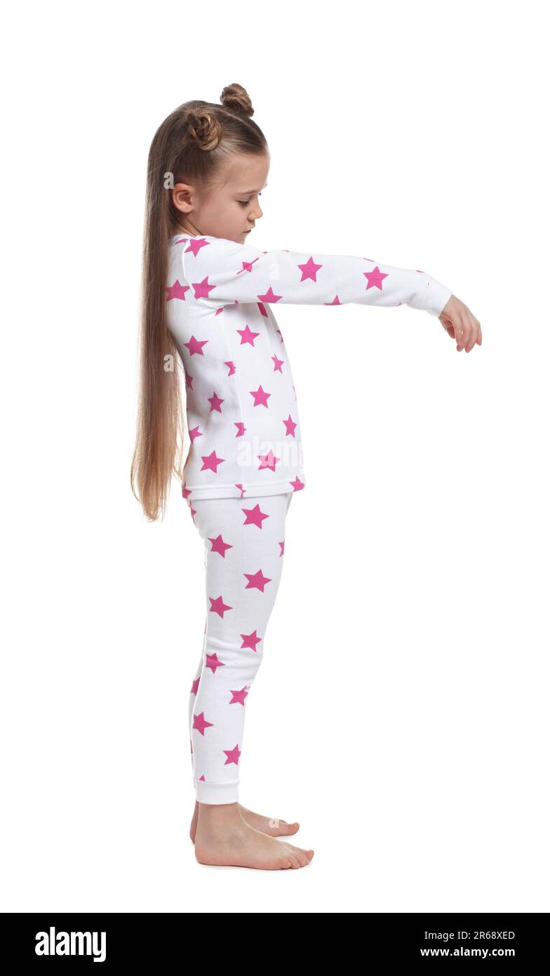 Girl in pajamas sleepwalking on white background Stock Photo - Alamy