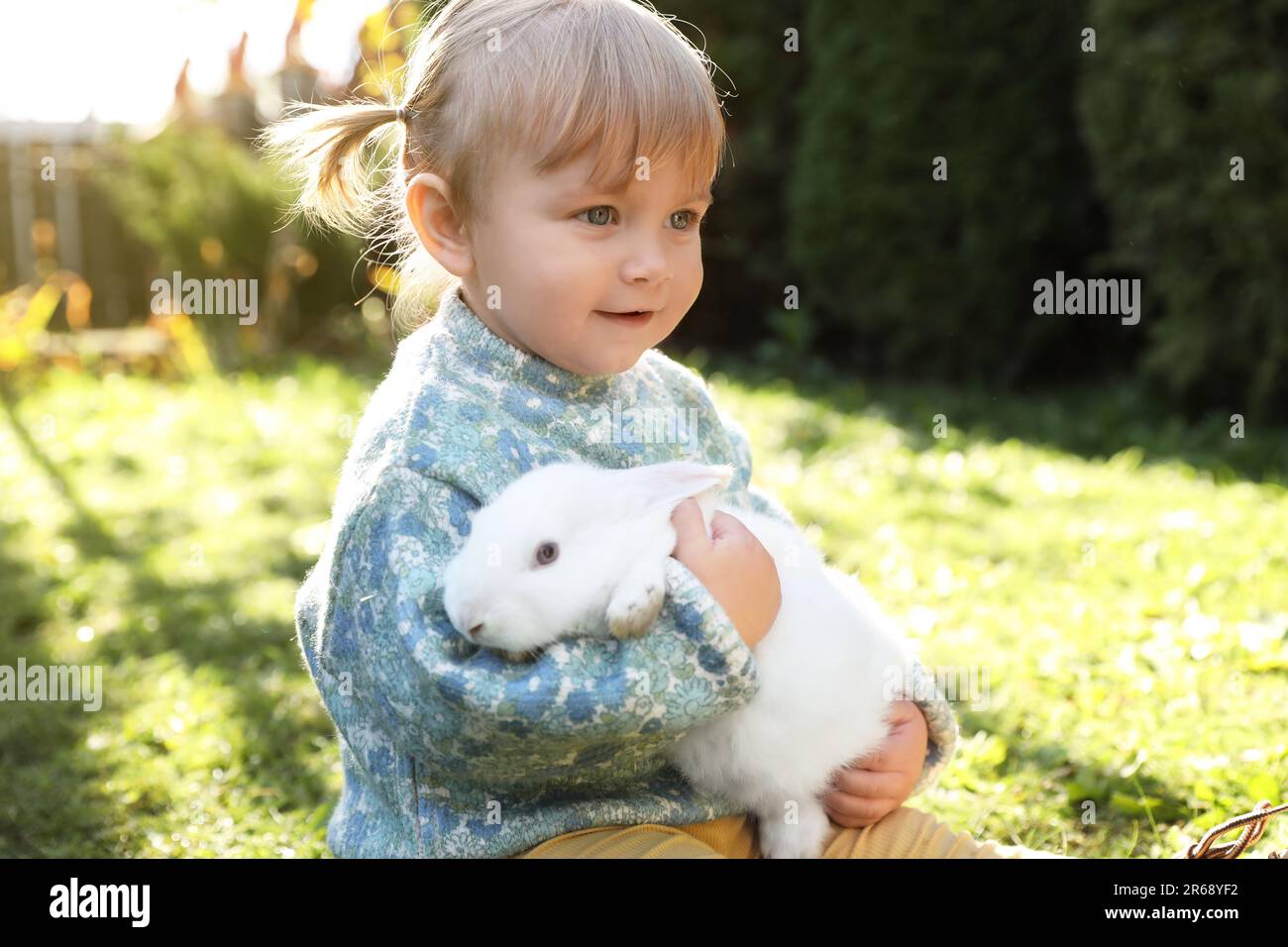 Cute little girl with adorable rabbit outdoors on sunny day Stock Photo ...