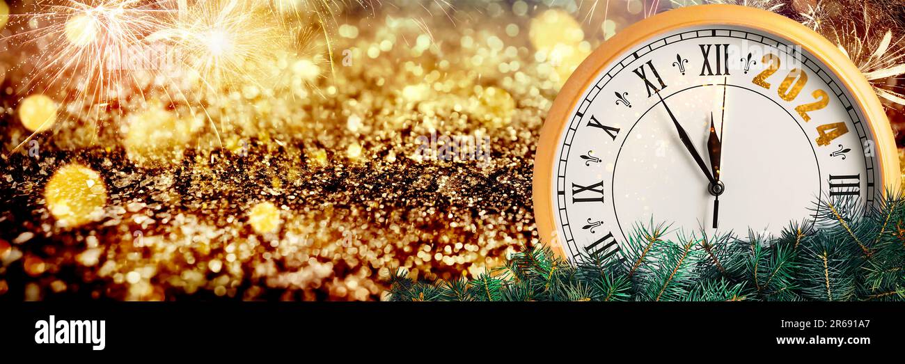 Counting last moments to New 2024 Year. Greeting card with clock, fir