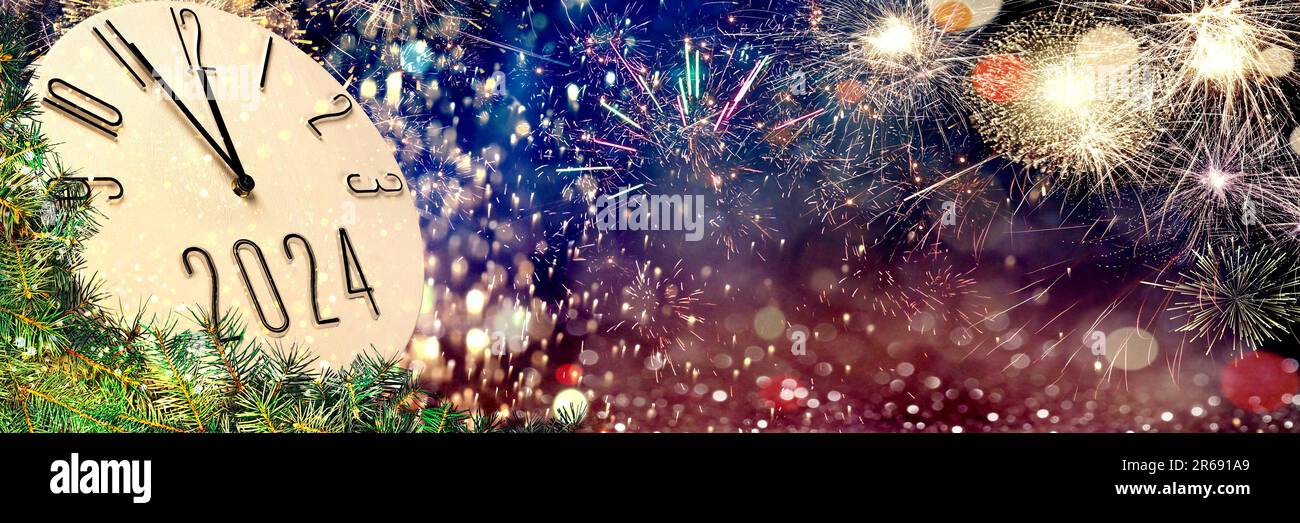 Counting last moments to New 2024 Year. Greeting card with clock, fir