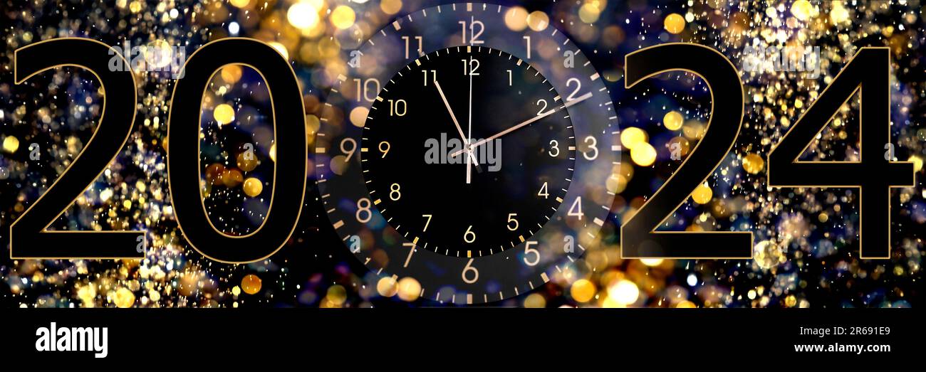 New Year Greeting Card With Numbers 2024 And Clock Against Blurred Lights Banner Design 2R691E9 