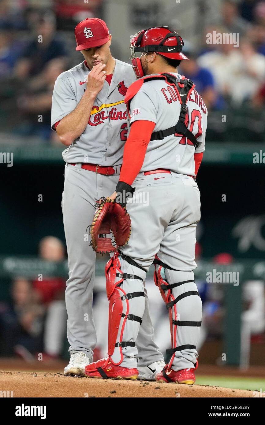 St. Louis Cardinals starting pitcher Jack Flaherty (22) and catcher Willson  Contreras (40) meet on the mound for a conference during the first inning  of a baseball game, Wednesday, June 7, 2023