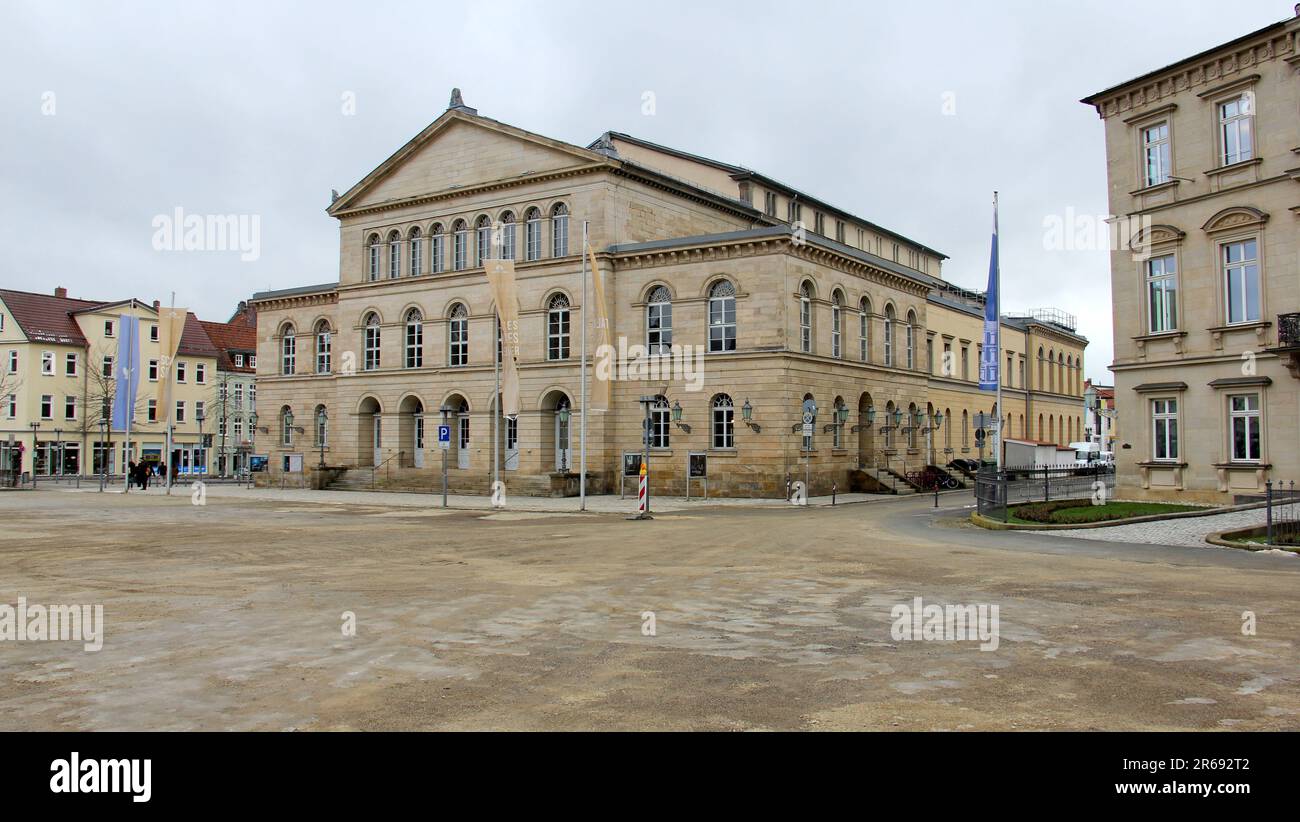 Landestheater, at Schlossplatz, view on snowless winter afternoon from the terrace of the Arkaden, Coburg, Germany Stock Photo