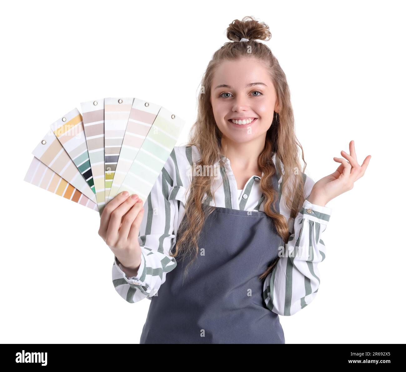 Female artist with paint color palettes on white background Stock Photo ...