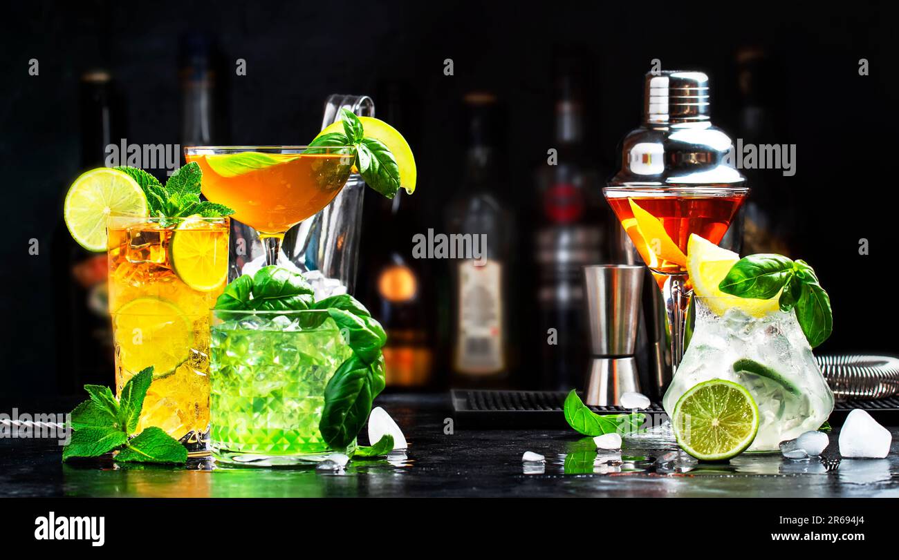 Cocktail party, alcohol drinks with gin, whiskey, vermouth and liquor