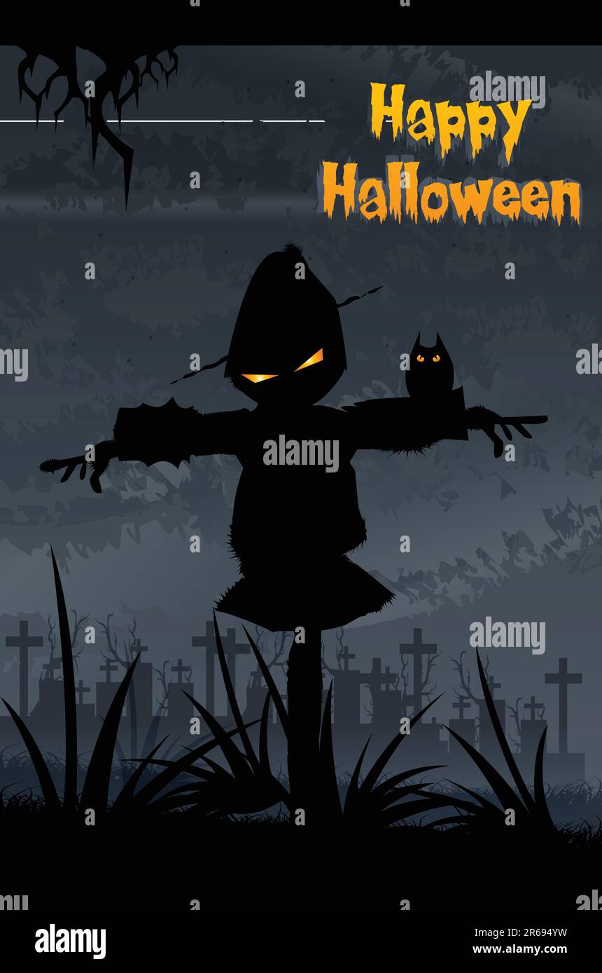illustration of halloween scarecrow standing at dark night Stock Vector ...