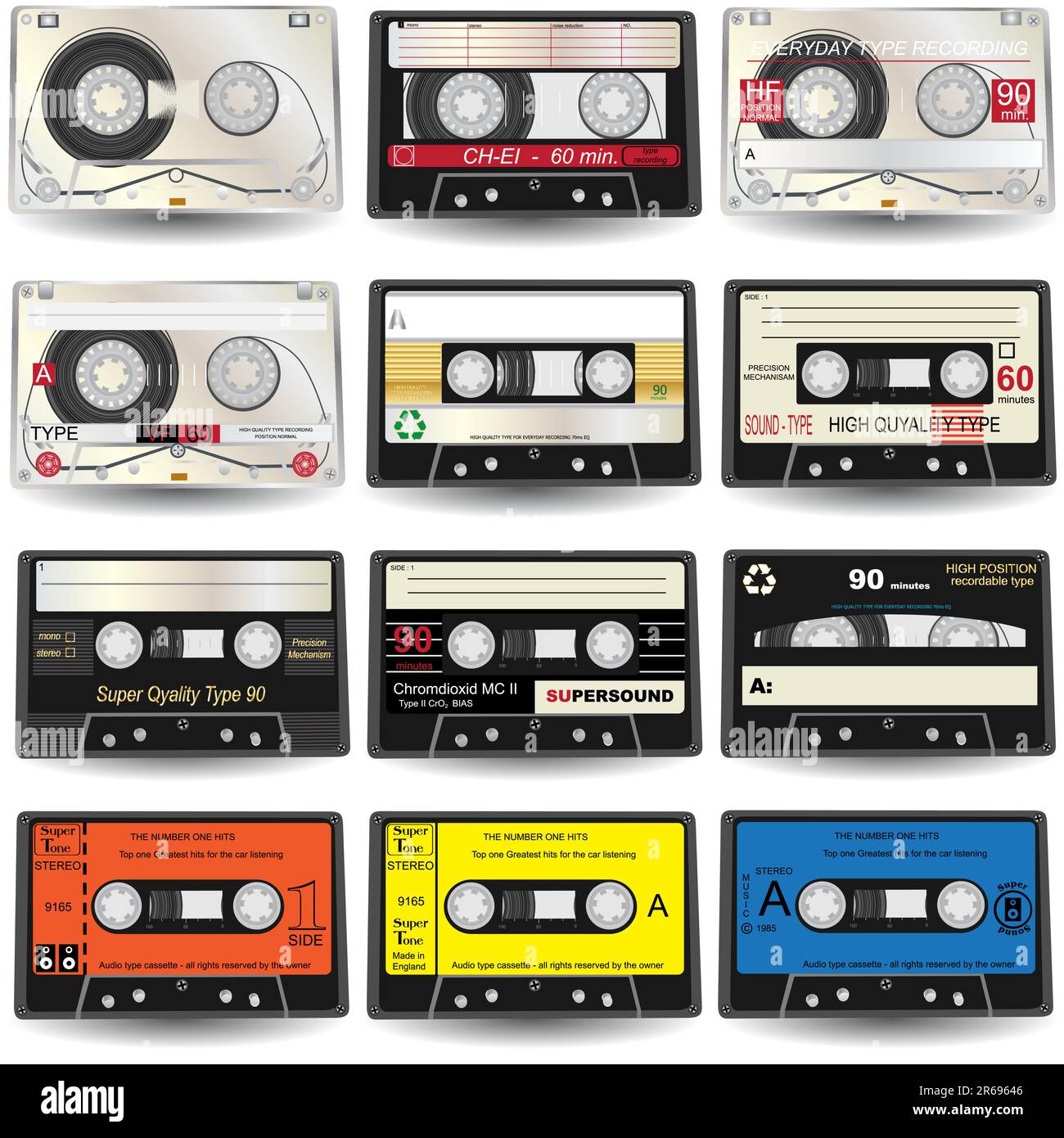 Vector illustration of nine different colored cassette tapes, isolated
