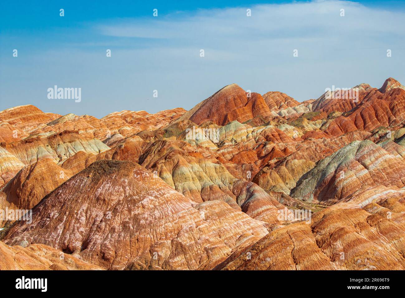 China Zhangye Danxia Geopark scenery. Colorful mountains, blue sky with